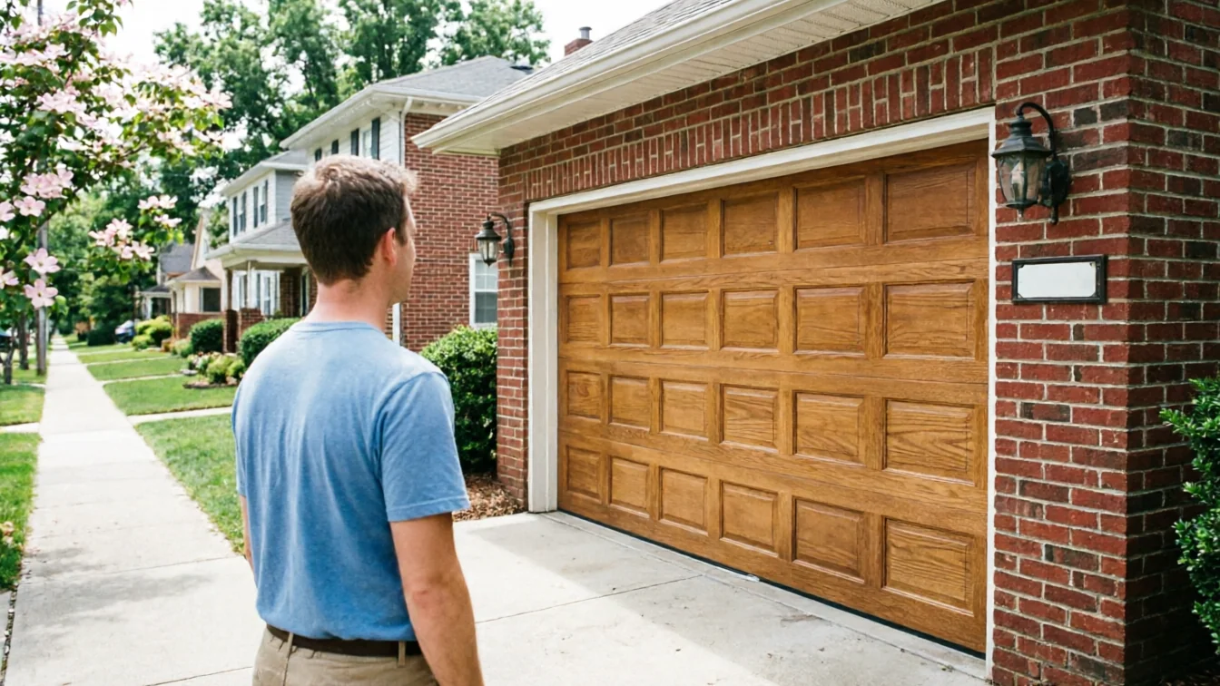 A man stands on a sidewalk looking at a brown garage door on a brick house.