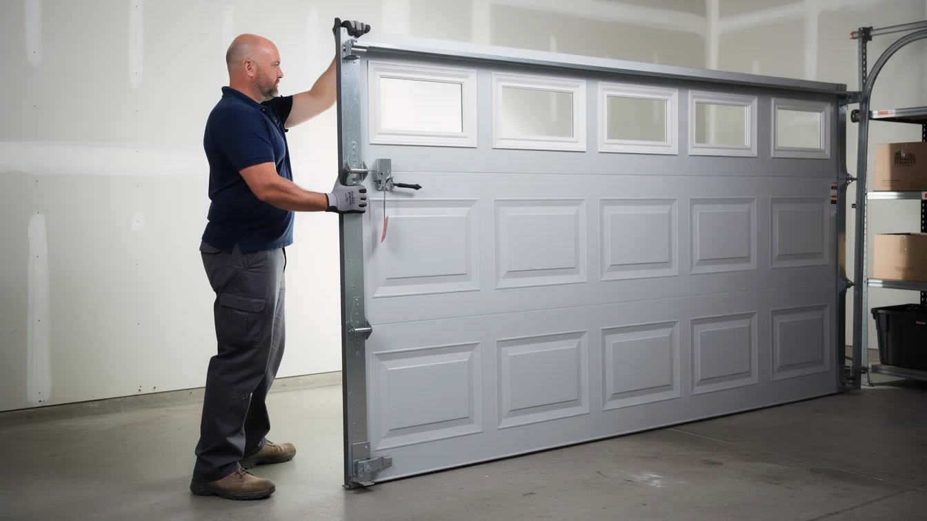A technician installs a gray garage door with windows in a garage.