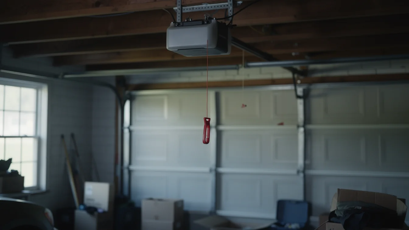 A garage door opener hangs from the ceiling with a red emergency release cord.