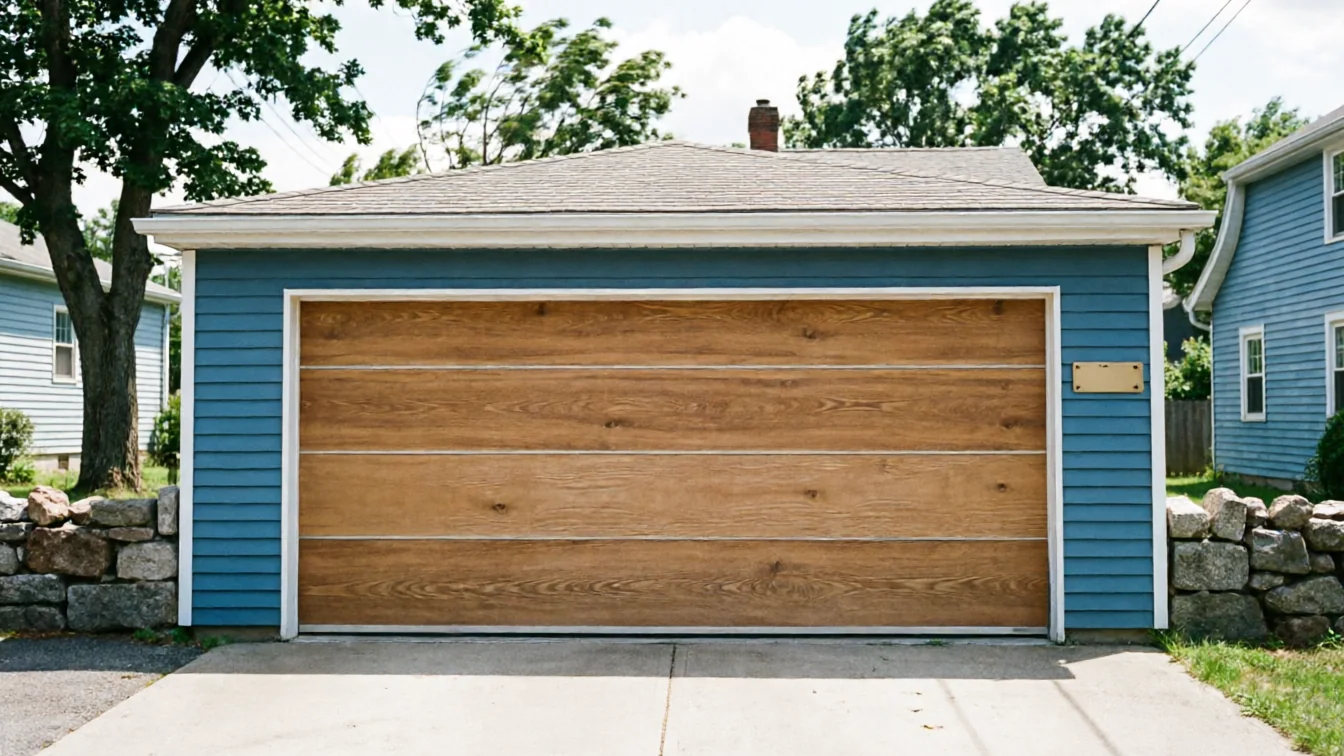 A blue garage with a horizontal wood panel garage door and a stone wall.