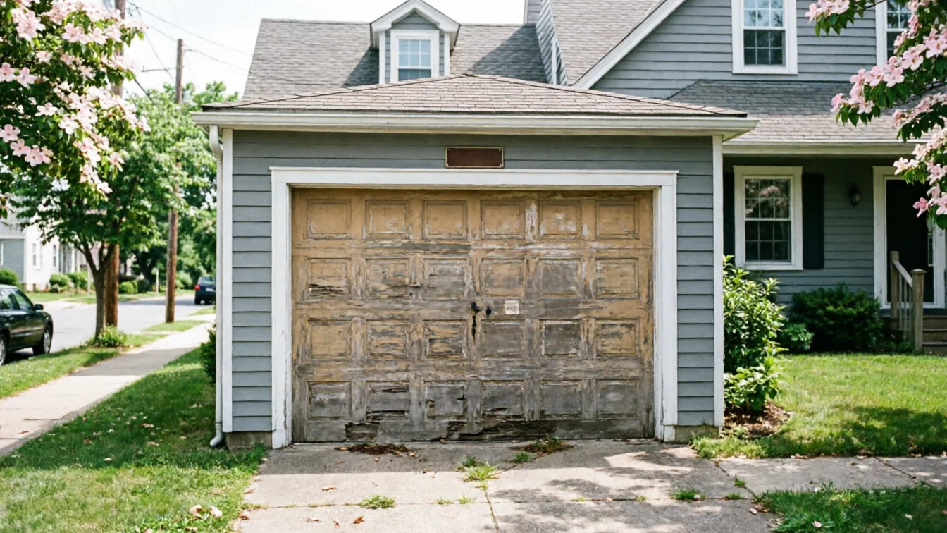 The weathered garage door on a gray house has peeling paint and damaged panels.