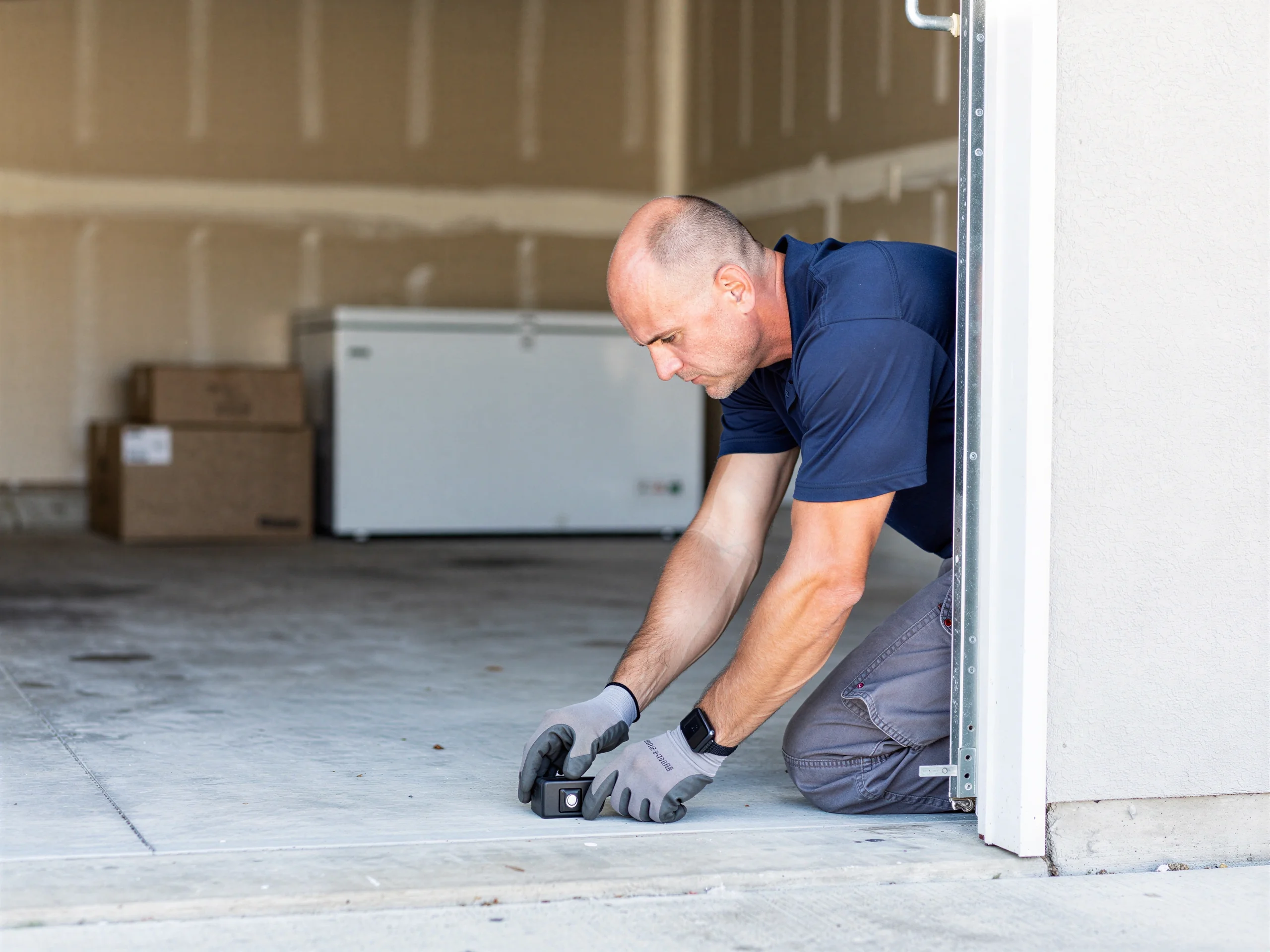 A technician kneels on the garage floor, adjusting a sensor near the garage door frame.
